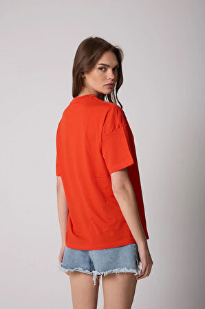 Kadın Kırmızı Oversize T-Shirt California Baskılı - 2517