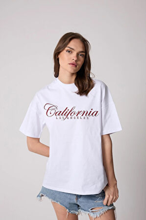 Kadın Beyaz Oversize T-Shirt Californiaa Baskılı - 2517