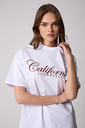 Kadın Beyaz Oversize T-Shirt Californiaa Baskılı - 2517