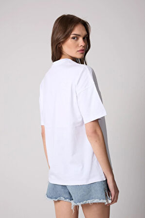 Kadın Beyaz Oversize T-Shirt Californiaa Baskılı - 2517