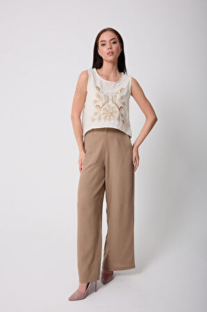 Kadın Ekru Müslin Keten Önü Nakışlı Tasarım Crop Bluz - 2521