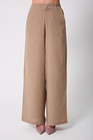Kadın Bej  Müslin Keten Yüksek Bel Palazzo Pantolon - 2522