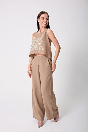 Kadın Bej  Müslin Keten Yüksek Bel Palazzo Pantolon - 2522