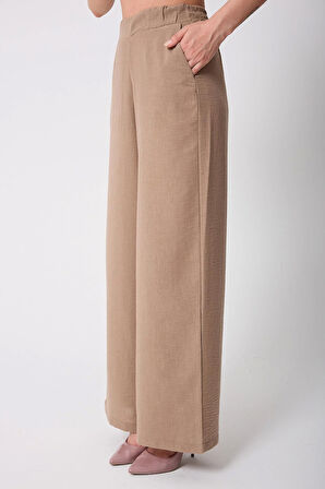 Kadın Bej  Müslin Keten Yüksek Bel Palazzo Pantolon - 2522