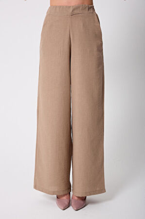 Kadın Bej  Müslin Keten Yüksek Bel Palazzo Pantolon - 2522