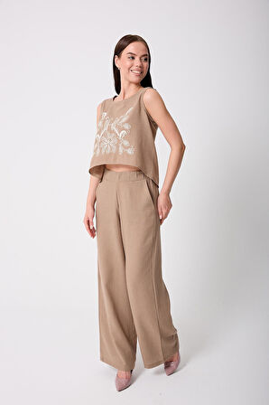 Kadın Bej  Müslin Keten Yüksek Bel Palazzo Pantolon - 2522