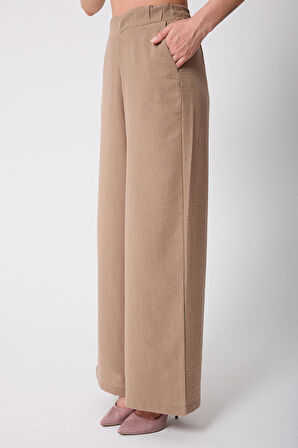 Kadın Bej  Müslin Keten Yüksek Bel Palazzo Pantolon - 2522