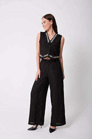 Kadın Siyah Müslin Keten Yüksek Bel Palazzo Pantolon - 2522