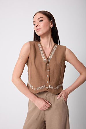 Kadın Kamel Müslin Keten Nakış Detaylı Düğmeli Yelek - 2523