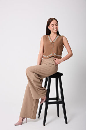 Kadın Kamel Müslin Keten Nakış Detaylı Düğmeli Yelek - 2523