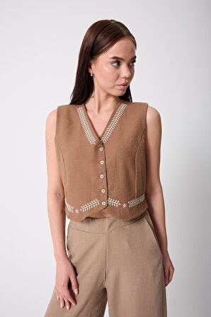 Kadın Kamel Müslin Keten Nakış Detaylı Düğmeli Yelek - 2523