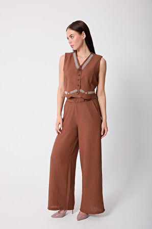 Kadın Kahve Müslin Keten Nakış Detaylı Düğmeli Yelek - 2523