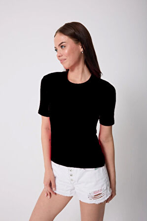 Kadın Siyah Likralı Yarım Kollu Basic T-shirt - 2524