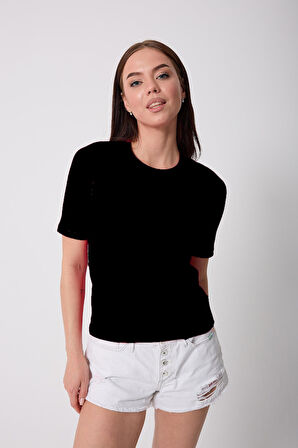 Kadın Siyah Likralı Yarım Kollu Basic T-shirt - 2524