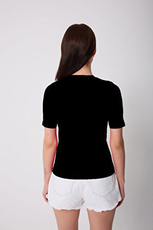 Kadın Siyah Likralı Yarım Kollu Basic T-shirt - 2524