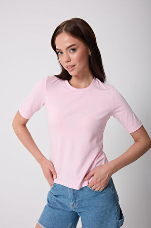 Kadın Pudra Pembe Likralı Yarım Kollu Basic T-shirt - 2524