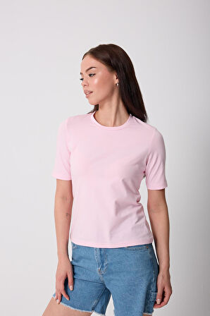 Kadın Pudra Pembe Likralı Yarım Kollu Basic T-shirt - 2524