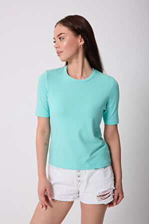 Kadın Turkuaz Likralı Yarım Kollu Basic T-shirt - 2524
