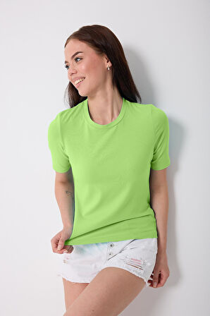 Kadın Neon Yeşil Likralı Yarım Kollu Basic T-shirt - 2524