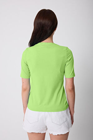 Kadın Neon Yeşil Likralı Yarım Kollu Basic T-shirt - 2524