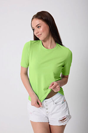 Kadın Neon Yeşil Likralı Yarım Kollu Basic T-shirt - 2524