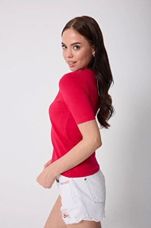 Kadın Bordo Likralı Yarım Kollu Basic T-shirt - 2524