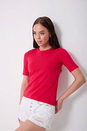 Kadın Bordo Likralı Yarım Kollu Basic T-shirt - 2524