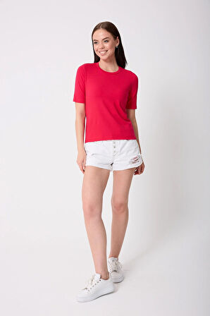 Kadın Bordo Likralı Yarım Kollu Basic T-shirt - 2524