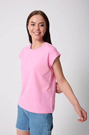 Kadın Pembe Likralı Duble Kol Basic T-shirt - 2525