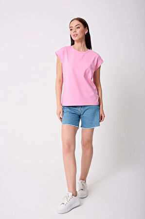 Kadın Pembe Likralı Duble Kol Basic T-shirt - 2525