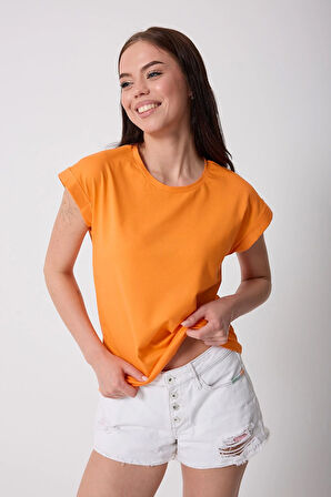 Kadın Turuncu Likralı Duble Kol Basic T-shirt - 2525