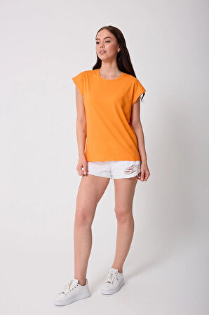 Kadın Turuncu Likralı Duble Kol Basic T-shirt - 2525
