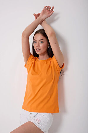 Kadın Turuncu Likralı Duble Kol Basic T-shirt - 2525
