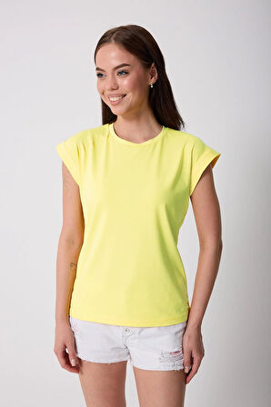 Kadın Açık Sarı Likralı Duble Kol Basic T-shirt - 2525