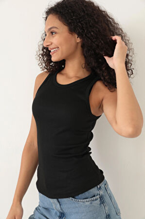 Amida Siyah Fitilli Görünümlü Basic Bisiklet Yaka Kadın Atlet- 2416