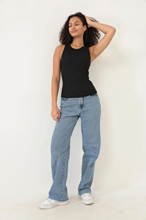 Amida Siyah Fitilli Görünümlü Basic Bisiklet Yaka Kadın Atlet- 2416