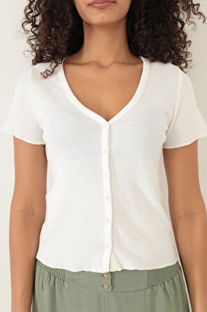 Beyaz Fitilli Görünümlü V Yaka Önden Düğmeli Basic Kadın T-shirt- 2417