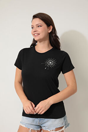 Siyah Omzu Nakışlı Bisiklet Yaka Kısa Kollu Kadın T-shirt- 2419