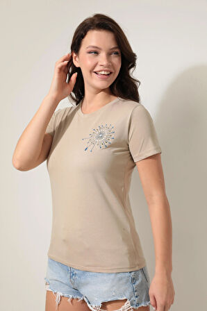 Bej Omzu Nakışlı Bisiklet Yaka Kısa Kollu Kadın T-shirt- 2419