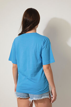 Mavi Önü Leylek Nakışlı Bisiklet Yaka Oversize Kısa Kollu Kadın T-shirt- 2421
