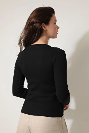 Siyah V Yaka Uzun Kollu Fitilli Kadın Bluz- 2427