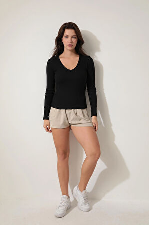 Siyah V Yaka Uzun Kollu Fitilli Kadın Bluz- 2427