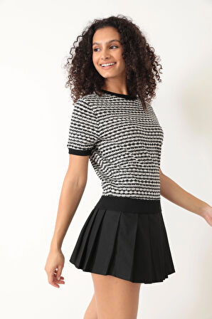 Amida Siyah Jakar Örgü Kadın Crop T-shirt - 2402