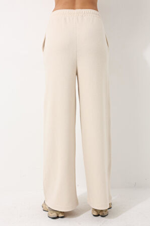 Ekru Yüksek Bel Selanik Kumaş Yumuşak Kadın Bol Paça Pantolon - 2439