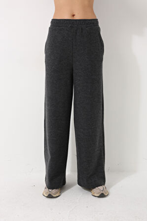 Antrasit Yüksek Bel Selanik Kumaş Yumuşak Kadın Bol Paça Pantolon - 2439