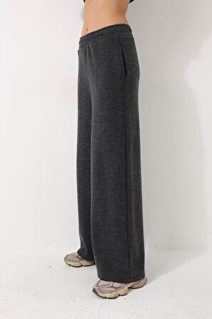 Antrasit Yüksek Bel Selanik Kumaş Yumuşak Kadın Bol Paça Pantolon - 2439