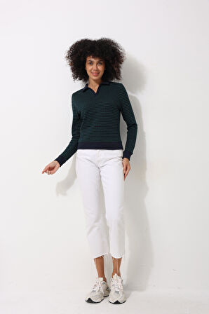 Yeşil Jakarlı Örgü Desenli Polo Yaka Uzun Kollu Kadın Bluz - 2445