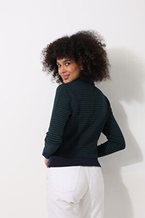 Yeşil Jakarlı Örgü Desenli Polo Yaka Uzun Kollu Kadın Bluz - 2445