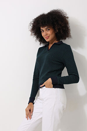 Yeşil Jakarlı Örgü Desenli Polo Yaka Uzun Kollu Kadın Bluz - 2445