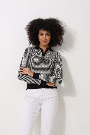 Siyah Jakarlı Örgü Desenli Polo Yaka Uzun Kollu Kadın Bluz - 2445